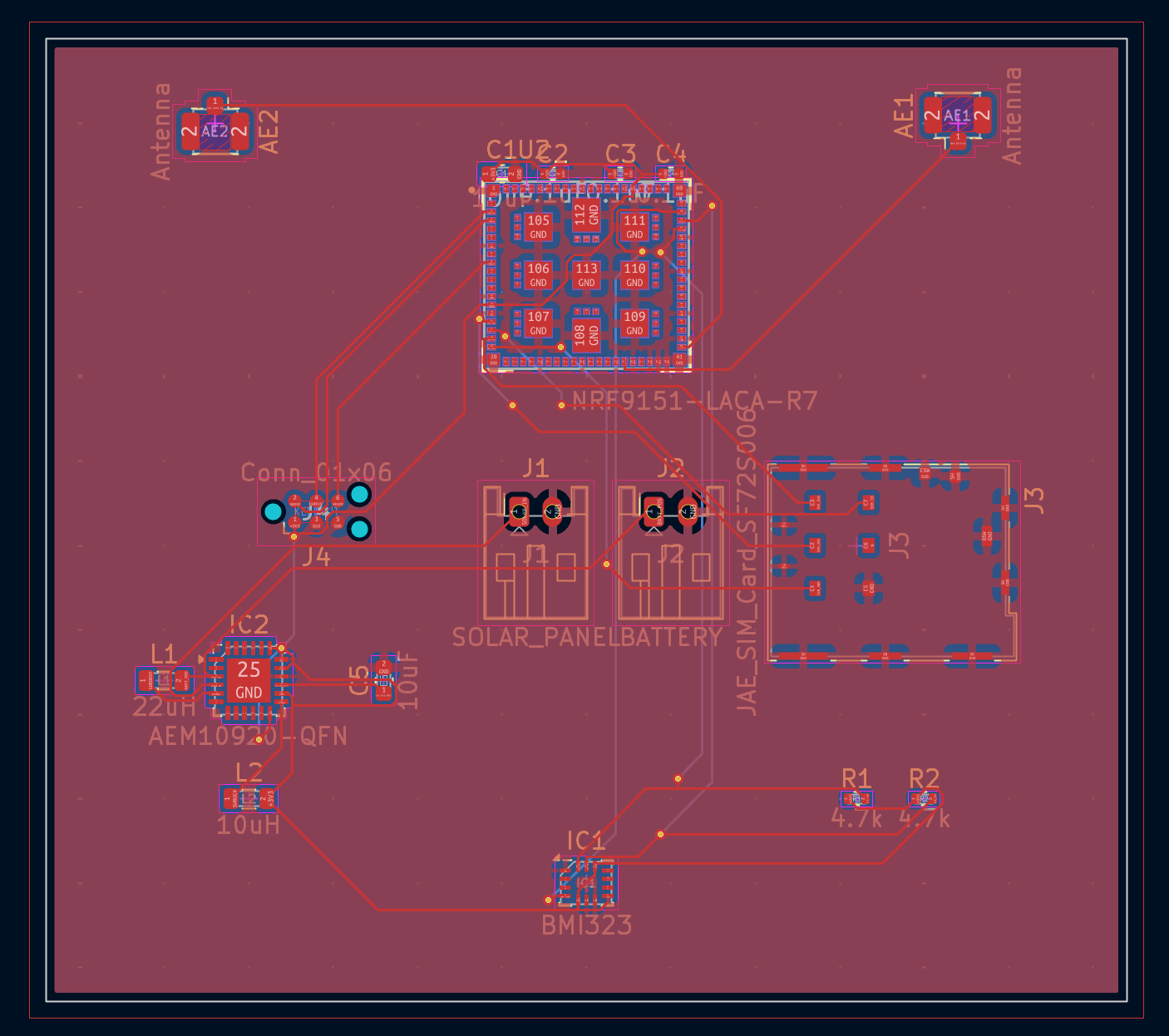 Cattle tag PCB layout showing the nRF9151, motion sensor, antennas, SIM socket, and solar and battery connections