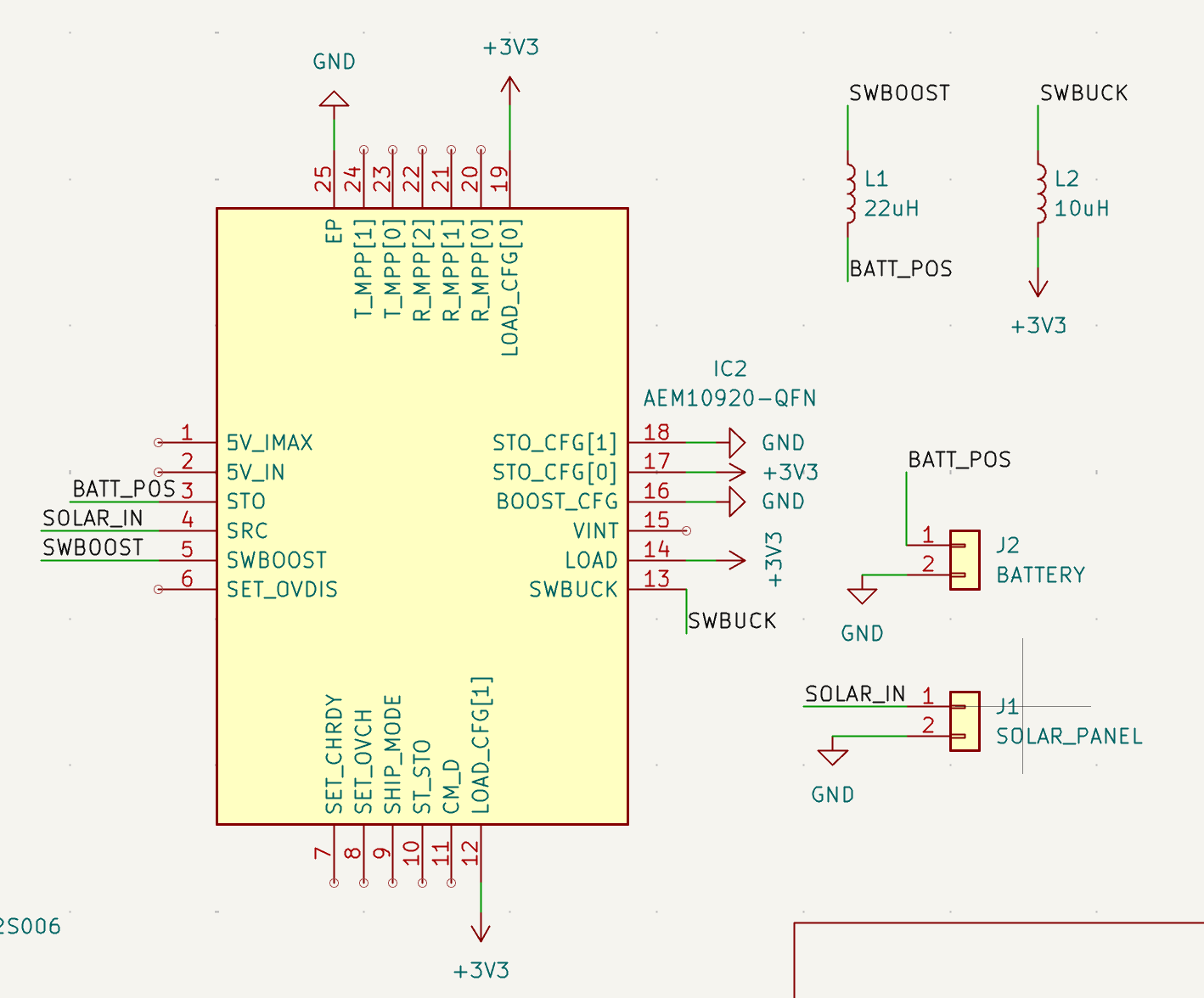 Solar energy-harvesting schematic with an AEM10920 chip, inductors, battery connector, and solar-panel connector
