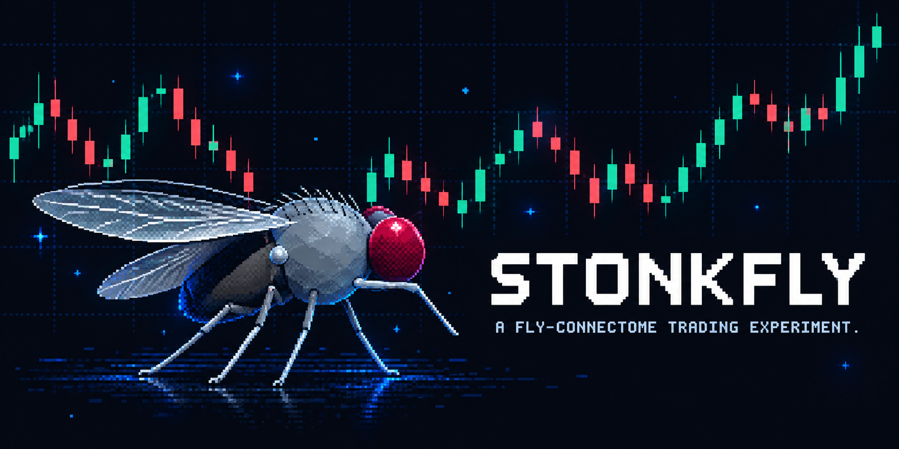 Pixel-art fly beside the Stonkfly name and red and green candlestick charts